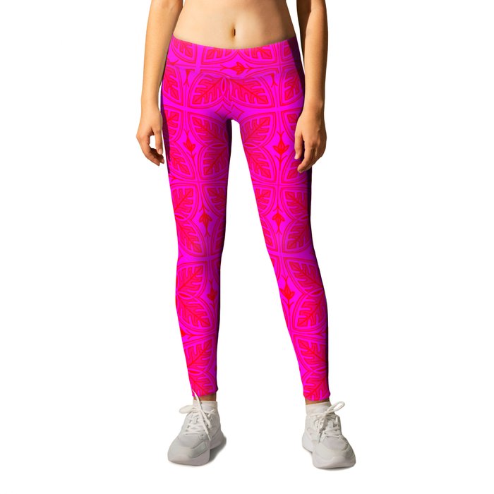 Retro Tropical Hot Pink and Red Monstera Leaves Leggings