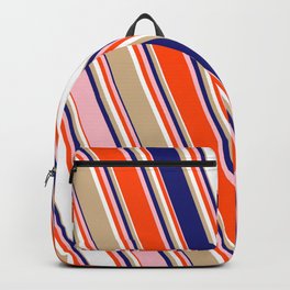 [ Thumbnail: Colorful Red, White, Tan, Midnight Blue, and Pink Colored Lines/Stripes Pattern Backpack ]