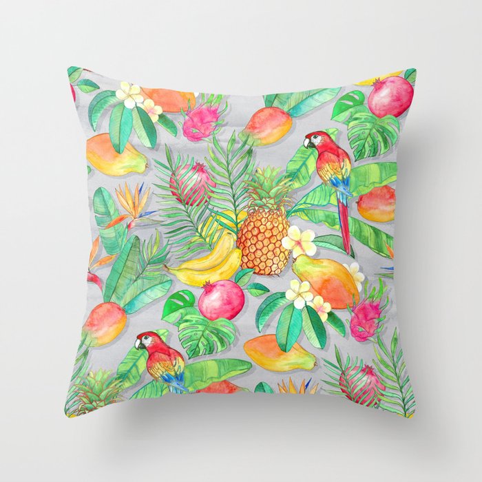 Tropical Paradise Fruit & Parrot Pattern Throw Pillow