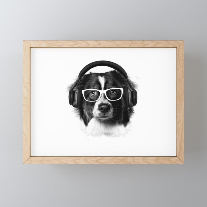 Cute Dog, Headphones and glasses Framed Mini Art Print