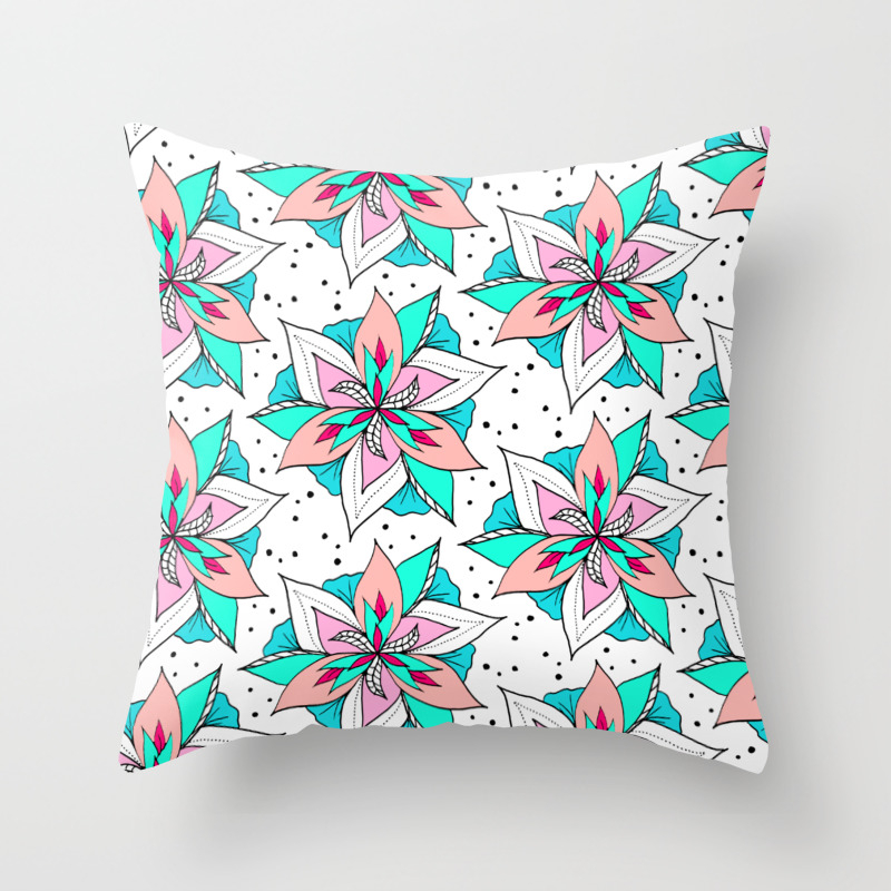 Modern Pastel Pink Salmon Turquoise Floral Summer Black Polka Dots
