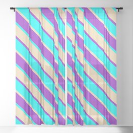 [ Thumbnail: Dark Orchid, Aqua, and Tan Colored Stripes/Lines Pattern Sheer Curtain ]