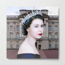 Queen Elizabeth II with Buckingham Palace Background Metal Print | Britishcrown, Englishroyalty, Unitedkingdom, Royalfamily, Graphicdesign, Englishqueen, Thecrown, Buckinghampalace, Portrait, Queenportrait 