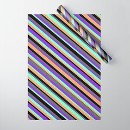 [ Thumbnail: Eye-catching Black, Dim Grey, Purple, Aquamarine & Brown Colored Stripes/Lines Pattern Wrapping Paper ]