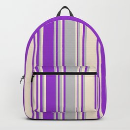 [ Thumbnail: Grey, Dark Orchid & Beige Colored Stripes/Lines Pattern Backpack ]