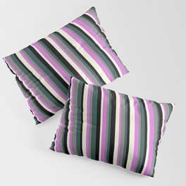 [ Thumbnail: Dark Slate Gray, Grey, Orchid, Beige & Black Colored Stripes Pattern Pillow Sham ]