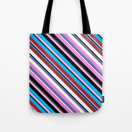[ Thumbnail: Deep Sky Blue, Brown, White, Violet, and Black Colored Striped/Lined Pattern Tote Bag ]