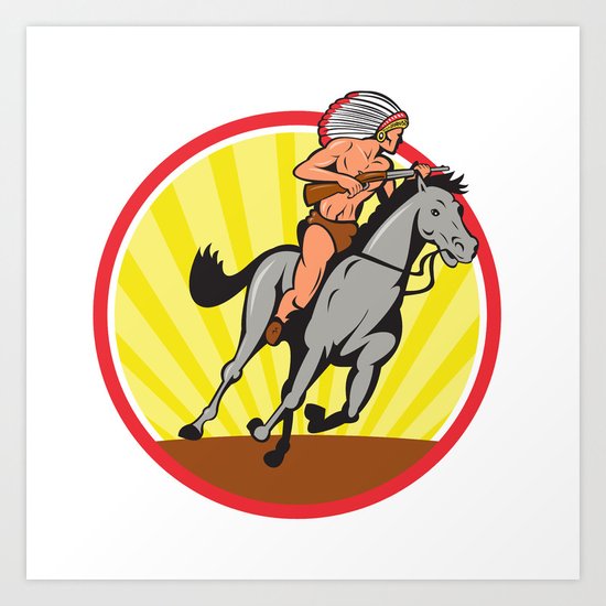 Native American Indian Chief Riding Horse Art Print