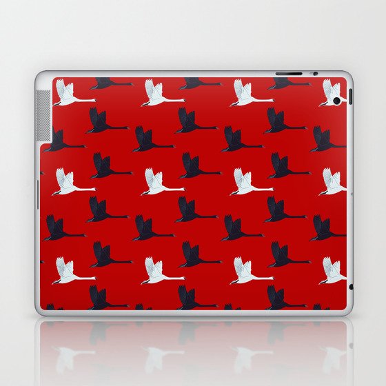 Flying Elegant Swan Pattern on Red Background Laptop & iPad Skin