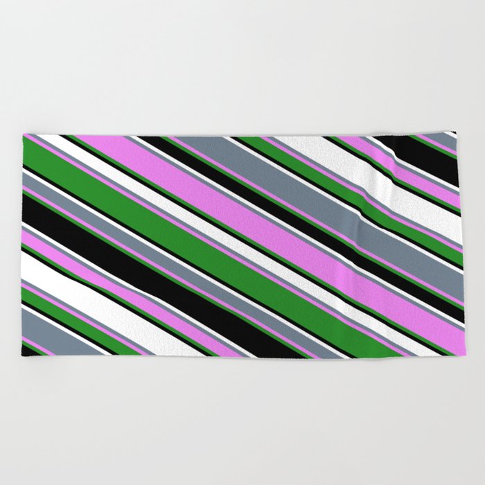Vibrant Slate Gray, Violet, Forest Green, Black, and White Colored Stripes Pattern Beach Towel