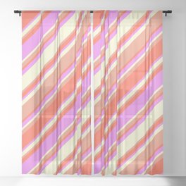 [ Thumbnail: Dark Salmon, Red, Violet, and Light Yellow Colored Lined/Striped Pattern Sheer Curtain ]