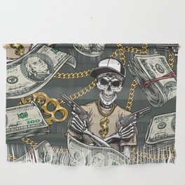 Colorful vintage money seamless pattern with gold chains knuckles dollar banknotes skeleton gangster wearing dollar sign pendant and holding guns vintage illustration Wall Hanging