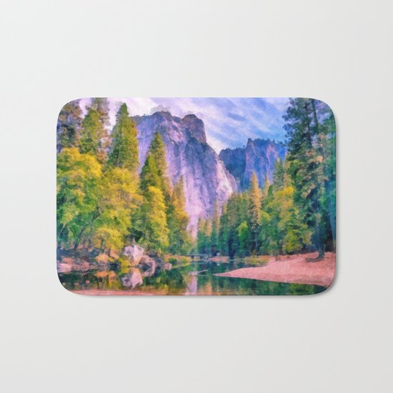 Mountain landscape with forest and river Bath Mat
