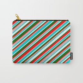 [ Thumbnail: Vibrant Red, Grey, Dark Turquoise, Mint Cream, and Dark Green Colored Striped/Lined Pattern Carry-All Pouch ]