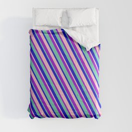 [ Thumbnail: Dark Violet, Aquamarine, Blue & Pink Colored Lines Pattern Comforter ]