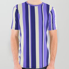 [ Thumbnail: Beige, Medium Slate Blue & Midnight Blue Colored Lined Pattern All Over Graphic Tee ]