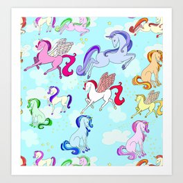 Unicorn repeating pattern colorful on blue Art Print | Baby, Coffee, Illustrativehorse, Starbucks, Fantasy, Cute, Twlight, Leggings, Drawing, Girl 