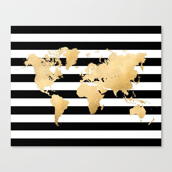 Gold world map black and white stripes Canvas Print