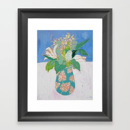 Lily and Eucalyptus Bouquet in Blue and Peach Floral Vase Framed Art Print