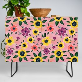 Watercolor Sunflowers Floral Flowers on Pink  Credenza