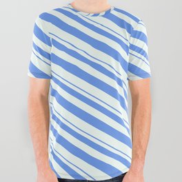 [ Thumbnail: Cornflower Blue & Mint Cream Colored Lines/Stripes Pattern All Over Graphic Tee ]