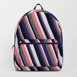 [ Thumbnail: Eye-catching Lavender, Light Coral, Dim Gray, Midnight Blue & Black Colored Striped/Lined Pattern Backpack ]