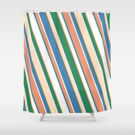 [ Thumbnail: Eye-catching Dark Salmon, Sea Green, Blue, White, and Bisque Colored Stripes Pattern Shower Curtain ]