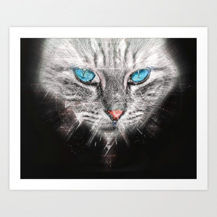 Silver Abstract Cat Face With Blue Eyes Art Print