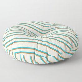[ Thumbnail: Beige, Deep Sky Blue & Chocolate Colored Lines Pattern Floor Pillow ]