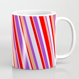 [ Thumbnail: Red, Lavender, Dark Orchid & Light Salmon Colored Pattern of Stripes Coffee Mug ]