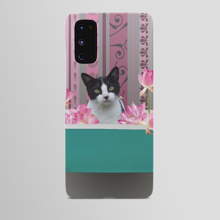 Black and White Cat in Bathtub with Lotos Flowers Android Case