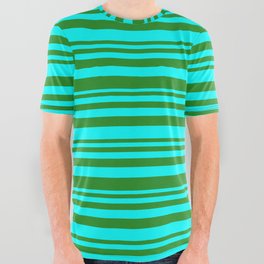 [ Thumbnail: Forest Green & Cyan Colored Striped Pattern All Over Graphic Tee ]