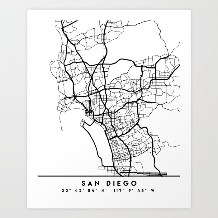 SAN DIEGO CALIFORNIA BLACK CITY STREET MAP ART Art Print