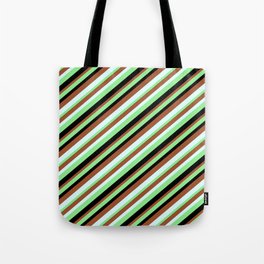 [ Thumbnail: Light Green, Black, Sienna, and Light Cyan Colored Lined Pattern Tote Bag ]