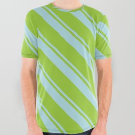 [ Thumbnail: Powder Blue and Green Colored Lines Pattern All Over Graphic Tee ]