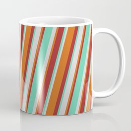 [ Thumbnail: Aquamarine, Light Grey, Chocolate & Brown Colored Striped/Lined Pattern Coffee Mug ]