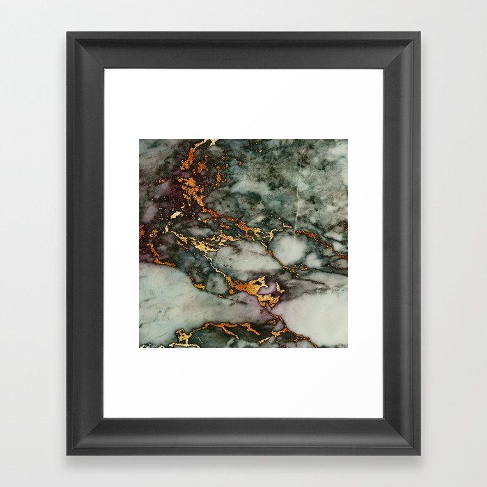 Gray Green Marble Glitter Gold Metallic Foil Style Framed