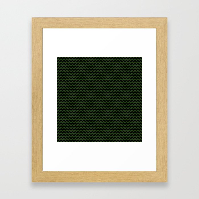 Small Dark Forest Green and Black Chevron Stripes Framed Art Print