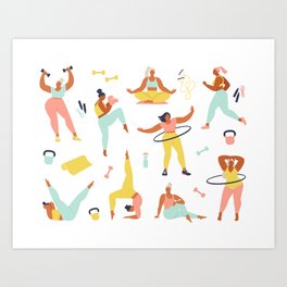 Women different sizes, ages and races activities. Set of women doing sports, yoga, jogging, jumping, stretching, fitness. Art Print