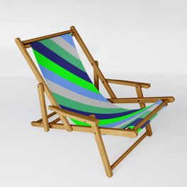 [ Thumbnail: Lime, Cornflower Blue, Grey, Sea Green, and Midnight Blue Colored Stripes Pattern Sling Chair ]
