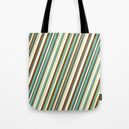 [ Thumbnail: Vibrant Aquamarine, Dim Grey, Pale Goldenrod, Mint Cream, and Brown Colored Lined Pattern Tote Bag ]