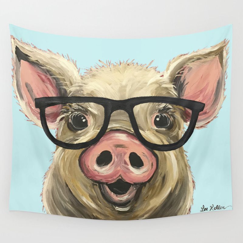 Cute Pig Painting Farm Animal With Glasses Wall Tapestry By