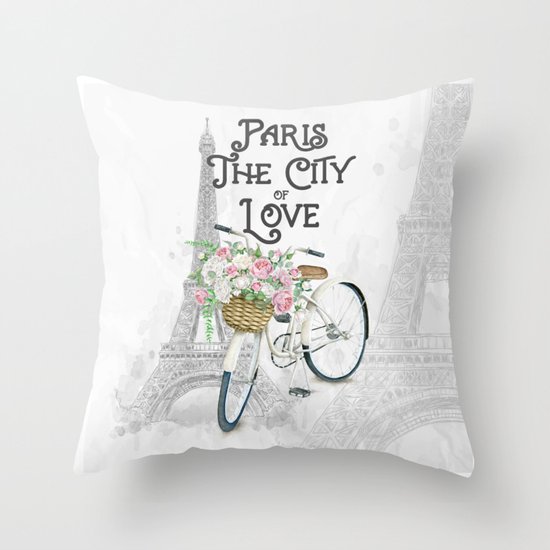 Vintage Paris Bicycle with Flowers Throw Pillow