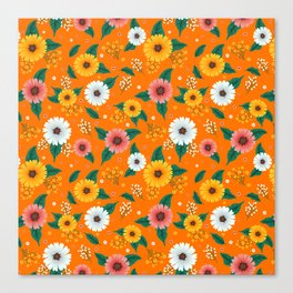 Colorful Spring Flowers Pattern in Orange Background Canvas Print