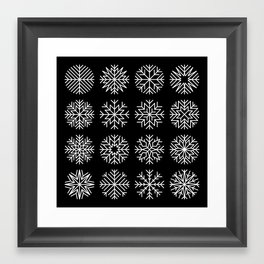 minimalist snow flakes on black Framed Art Print