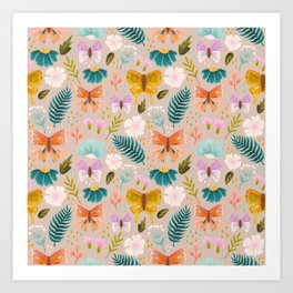 Spring Butterfly and Flower Pattern  Art Print
