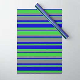 [ Thumbnail: Blue, Lime Green & Gray Colored Lined/Striped Pattern Wrapping Paper ]