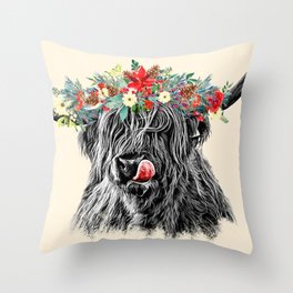 Baby Highland Cow with Flowers Crown Throw Pillow