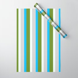 [ Thumbnail: Green, Mint Cream, Light Grey & Deep Sky Blue Colored Striped/Lined Pattern Wrapping Paper ]