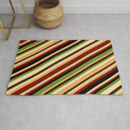 [ Thumbnail: Colorful Green, Pale Goldenrod, Brown, Dark Red & Black Colored Stripes Pattern Rug ]
